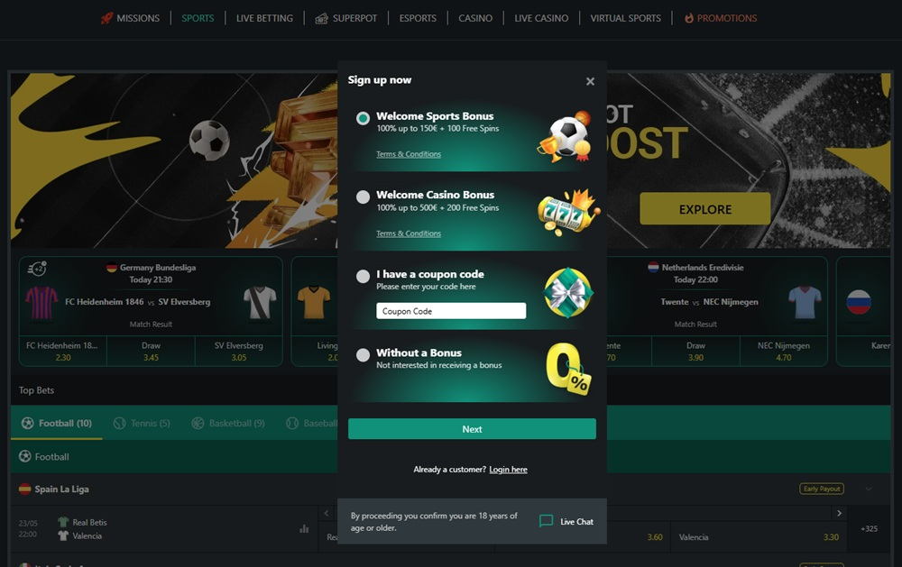 1Bet welcome sports bonus banner